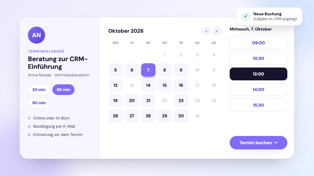 Terminkalender in SalesWizard CRM – der Kunde wählt Tag und Uhrzeit des Termins